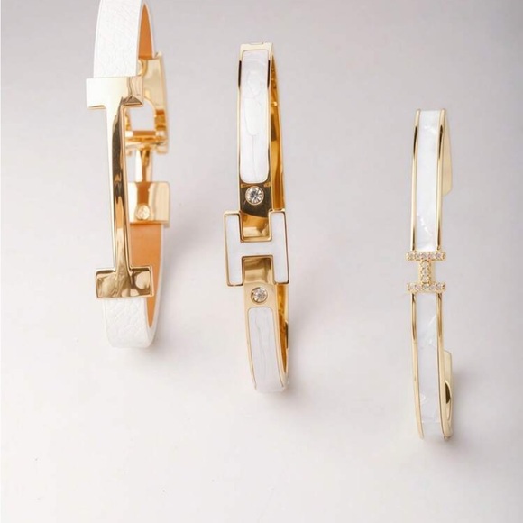 Gold & White Enamel H-Link Bangle Set - Women’s Fashion Jewelry - Picture 5 of 5